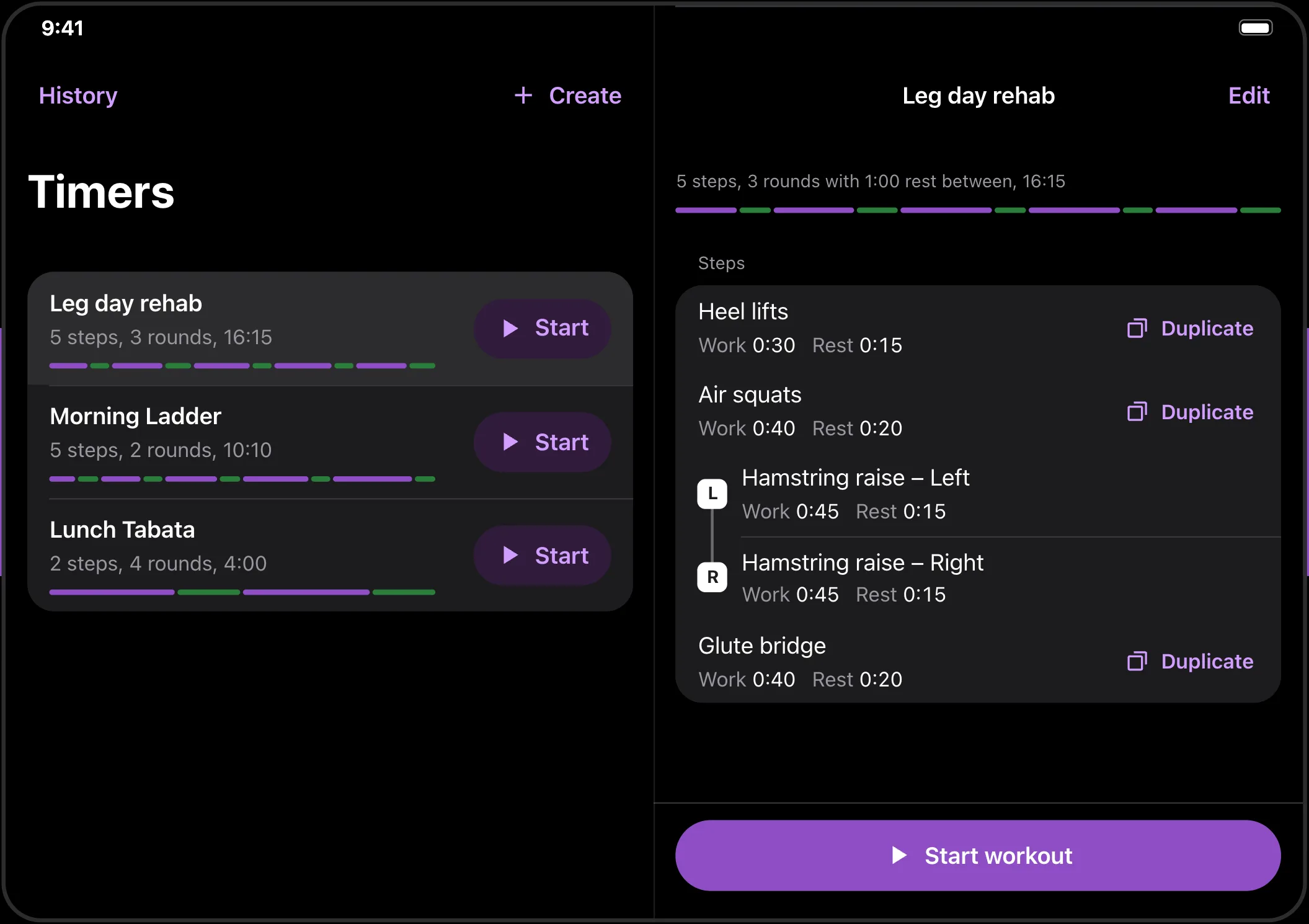 iPhone Duo opened out, with the timers list on the left and the Leg day rehab editor on the right.