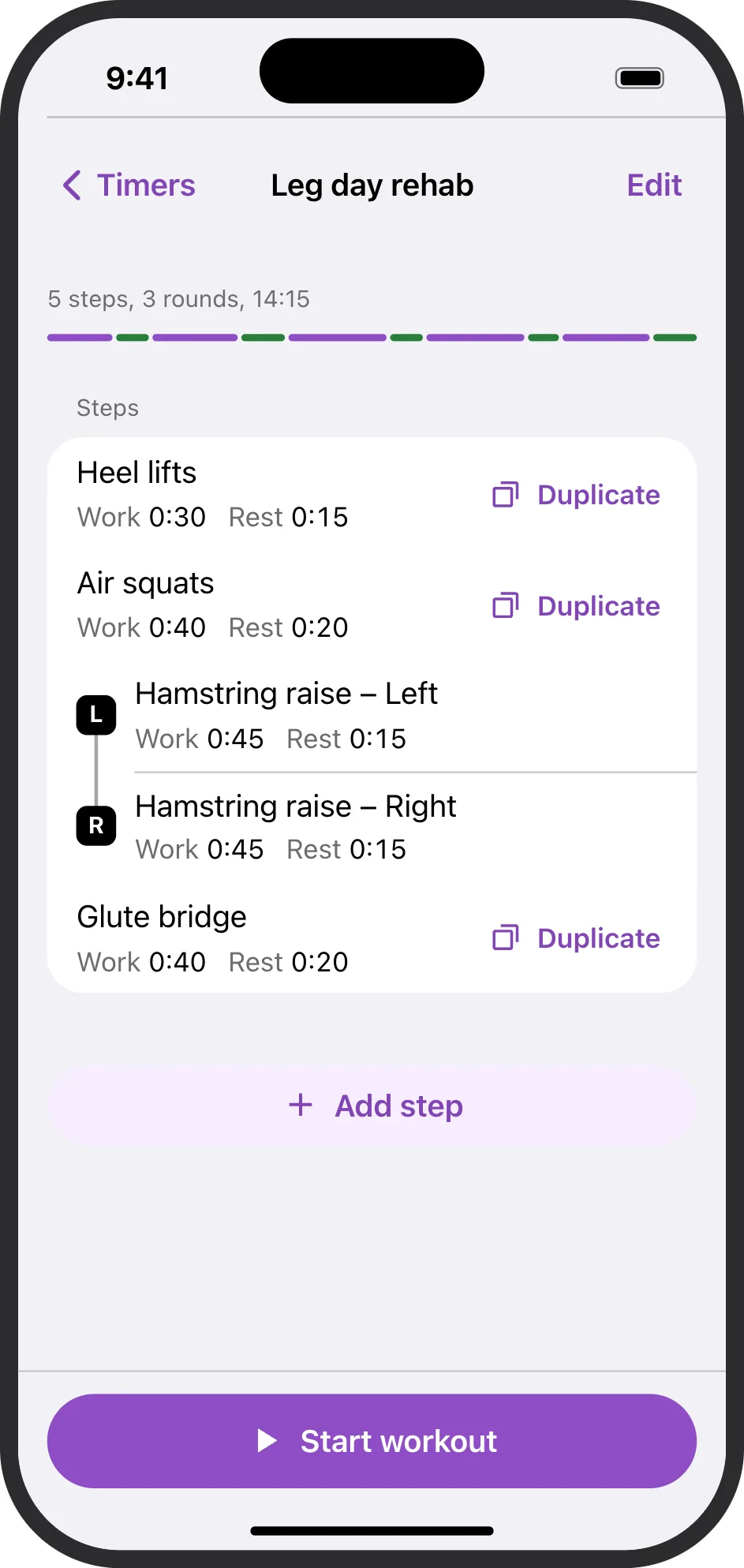 The workout editor for Leg day rehab: five steps, with Hamstring raise Left and Right shown as one mirrored pair.