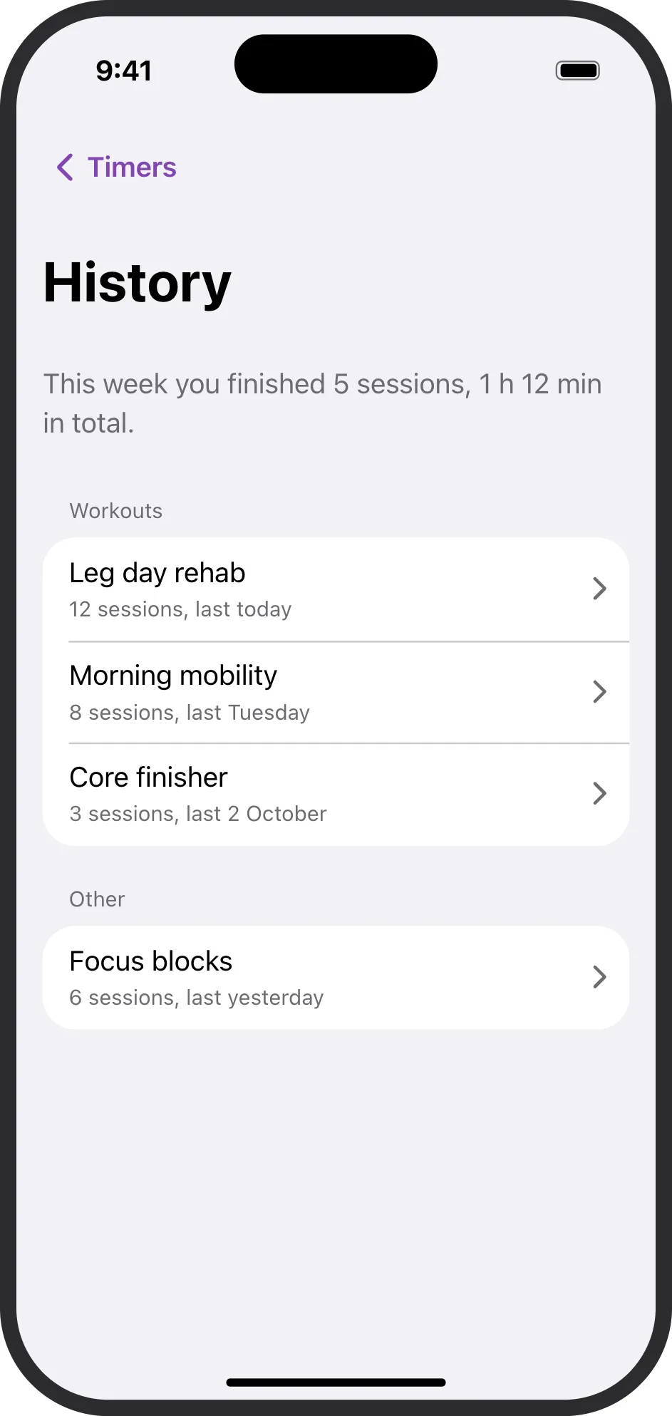 The History screen: 5 sessions this week, with Leg day rehab, Morning mobility and Core finisher listed.