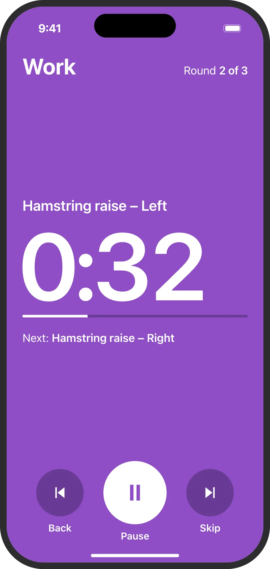 The Intervale timer in a work phase: Hamstring raise – Left, 0:32 left, round 2 of 3, Hamstring raise – Right next.